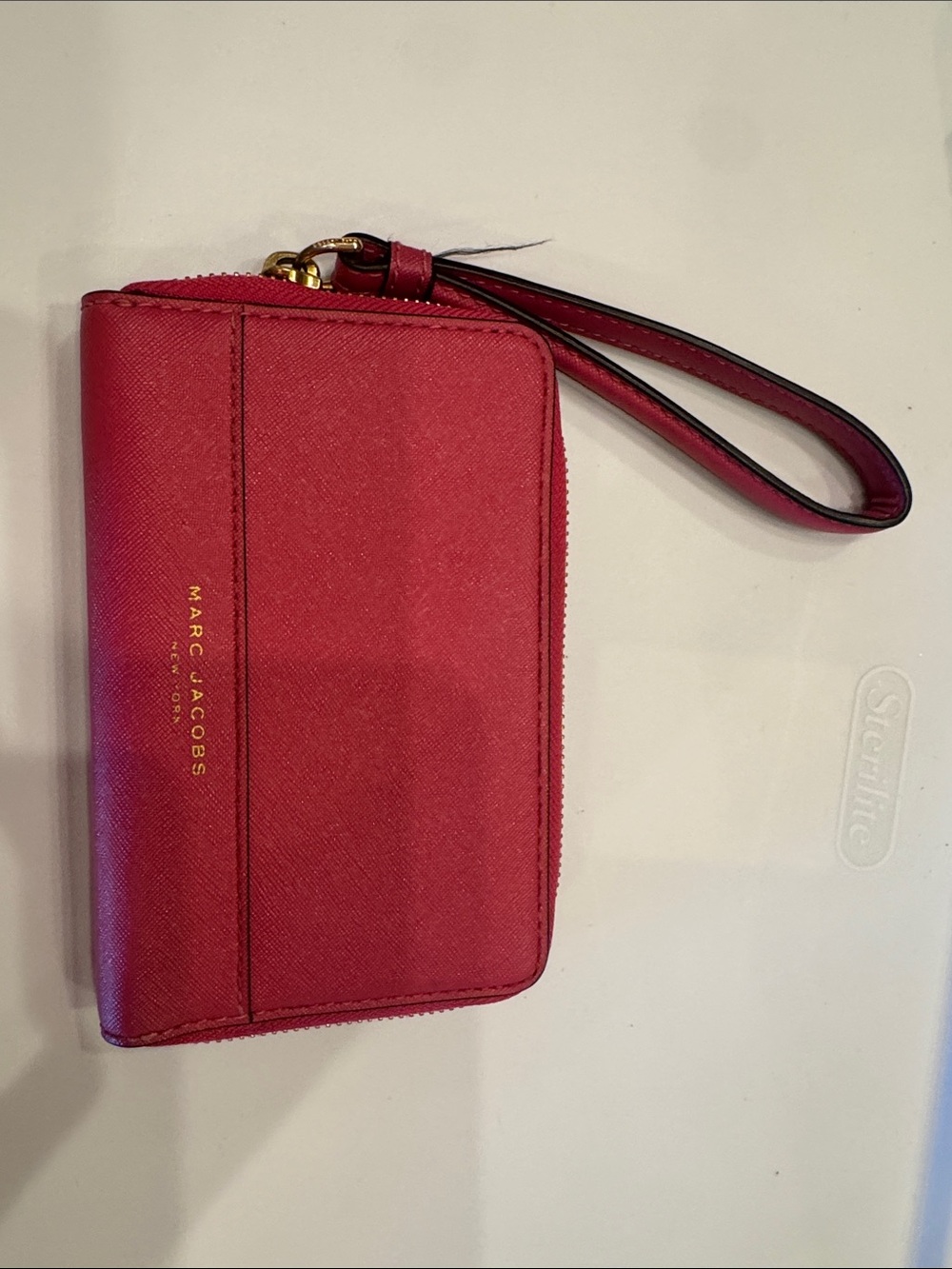 Marc Jacobs Pink-Red Saffiano Wristlet Wallet with Gold Logo